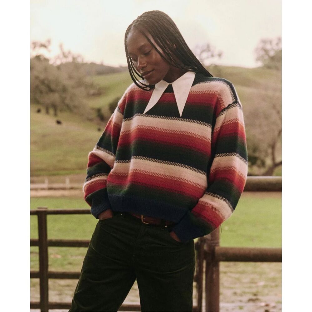THE GREAT. Multicolor Striped Crewneck Sweater — Red, Green, Navy, Cream